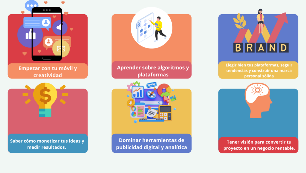Seis pasos para ser creador de contenido: usar el móvil y la creatividad, aprender sobre algoritmos, elegir plataformas y construir marca personal, monetizar ideas, dominar herramientas digitales, y tener visión de negocio