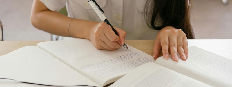 Persona escribiendo a mano en un cuaderno junto a un libro abierto.